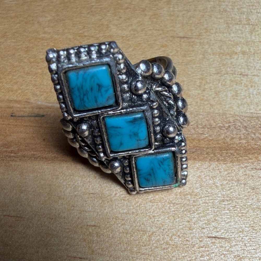 Duo Of Turquoise Stone Silver Tone Cocktail Rings Adjustable Statement Y2K Vint. - Picture 3 of 9